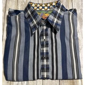 ROBERT GRAHAM BUTTON SHIRT -XXL  BLUE WHITE NAVY JACQUARD EMBROIDERED FLIP‎ CUFF